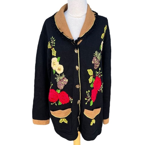 VTG Storybook Knits Holiday Floral Cardigan Sweater Embellished Black Gold Large - Picture 1 of 16